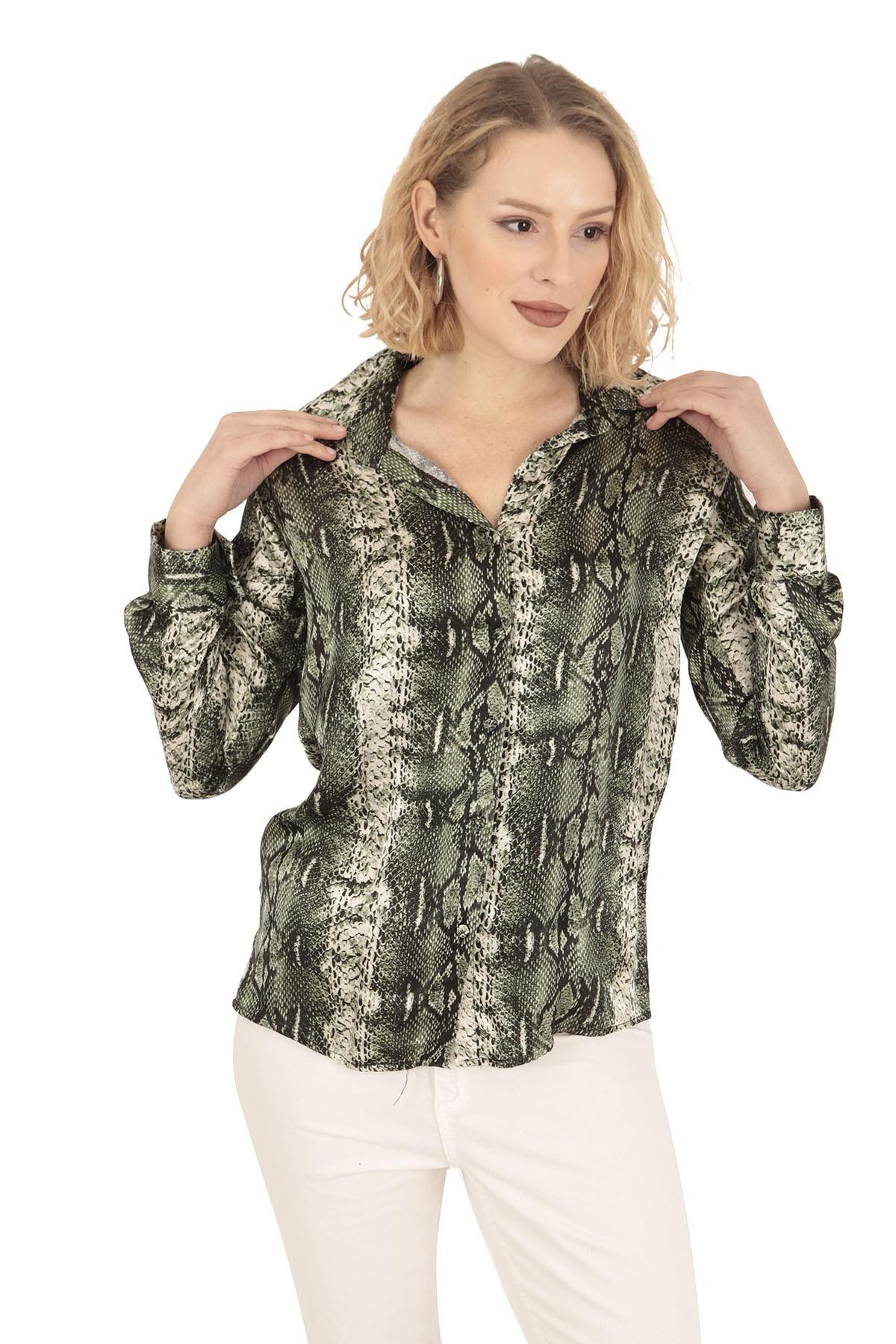 women's green snakeskin print shirt